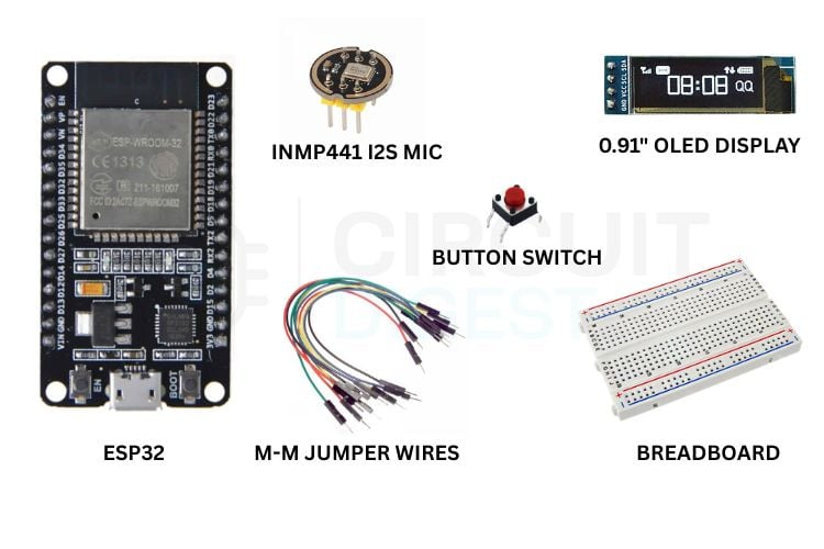 Components required for ESP32 speech to text project — ESP32 board, INMP441 I2S mic, OLED display, breadboard, jumper wires, push button