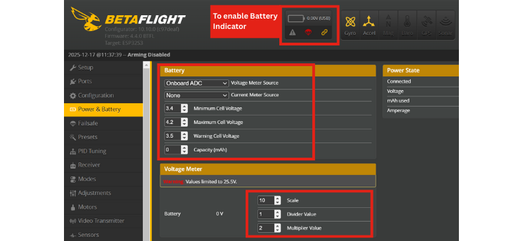 Configuring Battery Indicator in Betaflight