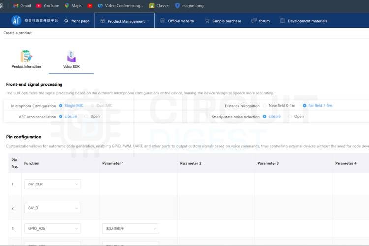 Ai-Thinker SDK voice configuration page showing GPIO pin settings and SDK options for the offline voice module Voice SDK configuration page – GPIO pin assignments and module settings for the offline voice recognition system