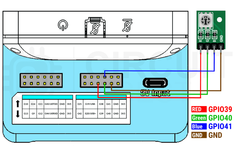 Wiring diagram showing ESP32-S3 Box-3 connected to RGB LED module via GPIO pins 39, 40, 41 and ground for Arduino programming