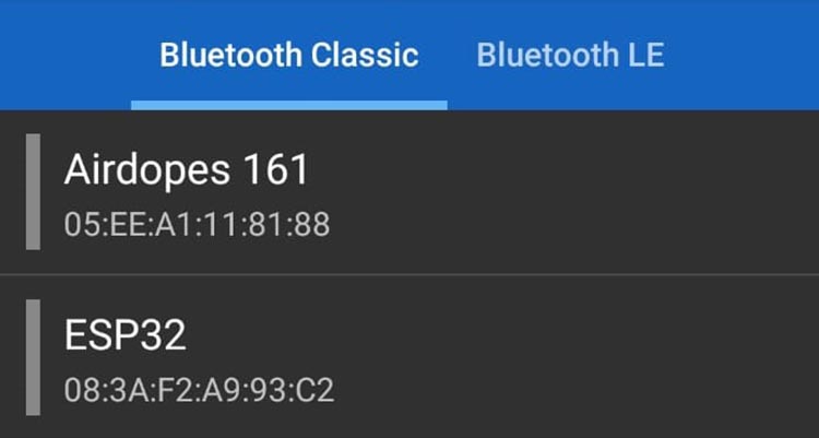 Command 1 to the ESP32 board on Bluetooth serial terminal app