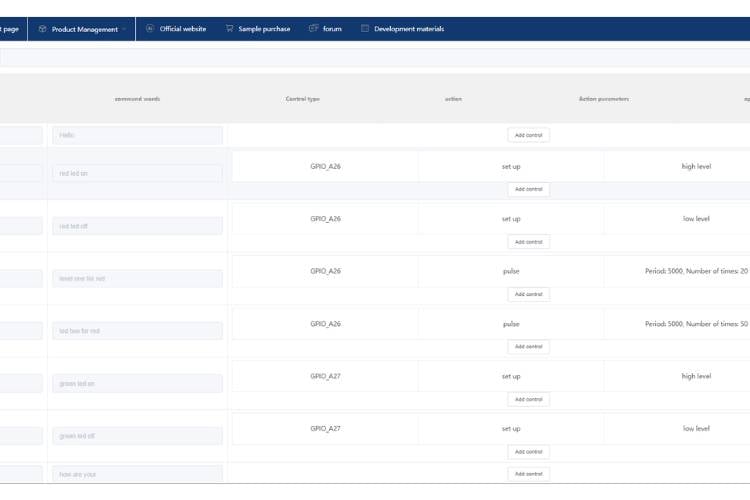Offline voice recognition command control settings showing behaviour word, command phrase, reply text, and GPIO HIGH/LOW configuration Command configuration: set the behaviour word, user-spoken phrase, audio reply, and GPIO output action for each offline voice recognition command