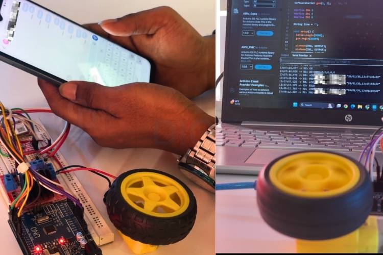 Mobile phone sending SMS command FWD200 to control DC motor forward direction via SIM800L GSM module and Arduino Uno