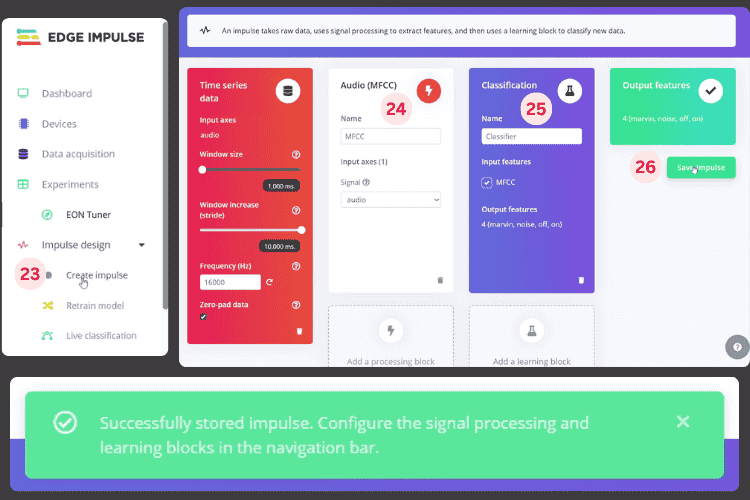 Creating impulse design for ESP32 speech to text neural network architecture in Edge Impulse