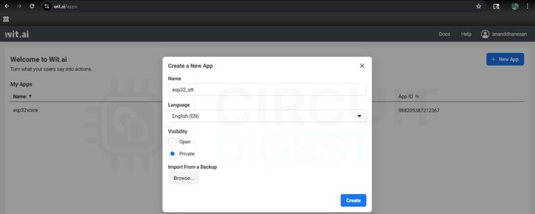 Creating a new Wit.ai app for ESP32 speech to text online project - naming the app and setting visibility