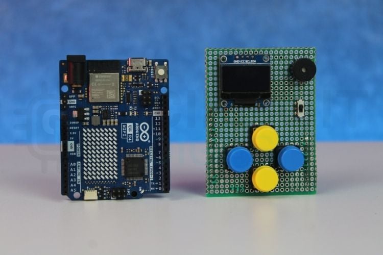 DIY handheld Arduino game console hardware setup showing Arduino R4 WiFi with custom HAT board, OLED display, and tactile buttons