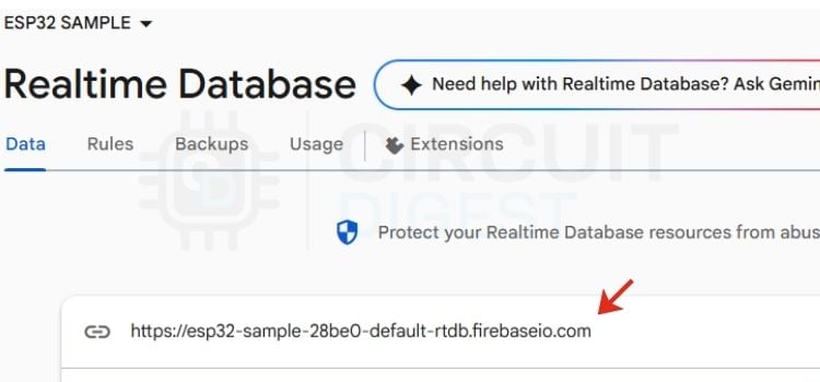 Copying the Firebase Realtime Database URL for ESP32 code