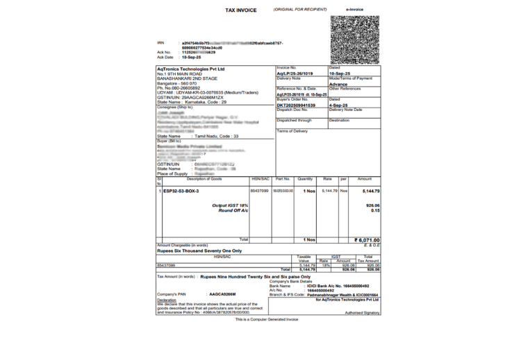 Delivery and Invoice from DigiKey and AqTronics