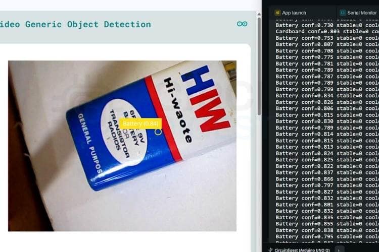 Smart waste segregation system detecting a battery — buzzer activates for 2 seconds to alert user of hazardous waste without servo movement