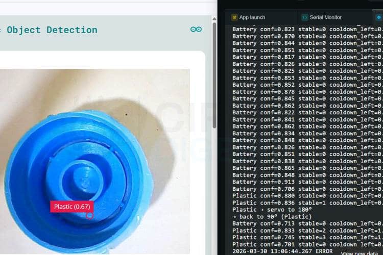 Automatic waste segregation system detecting plastic — servo motor rotates to 180 degrees for non-biodegradable bin