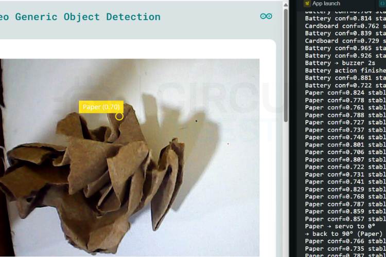 Smart waste segregation system detecting a paper object — servo motor rotates to 0 degrees directing it to the biodegradable bin