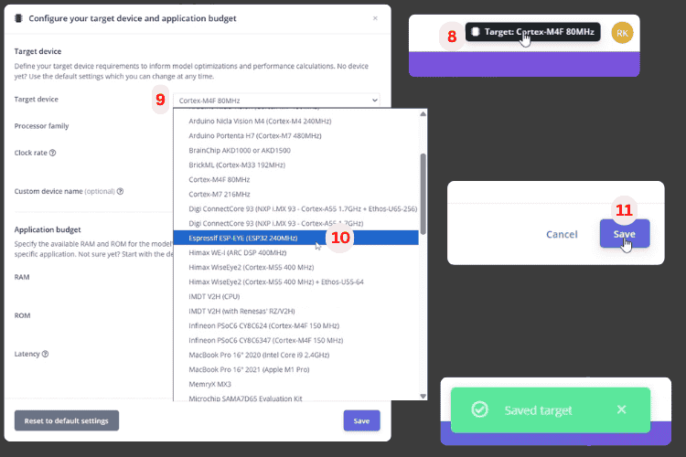 ESP32 device configuration in Edge Impulse showing ESP-EYE target selection for offline voice recognition