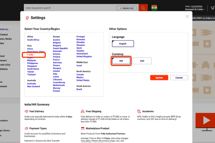 Selecting DigiKey Country and Currency