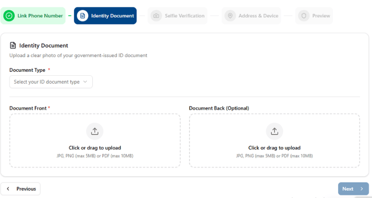 KYC Identity Document Upload Screen With Front And Back File Upload Options
