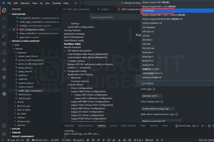ESP-IDF configuration menu for selecting wake word in ESP32 AI voice assistant