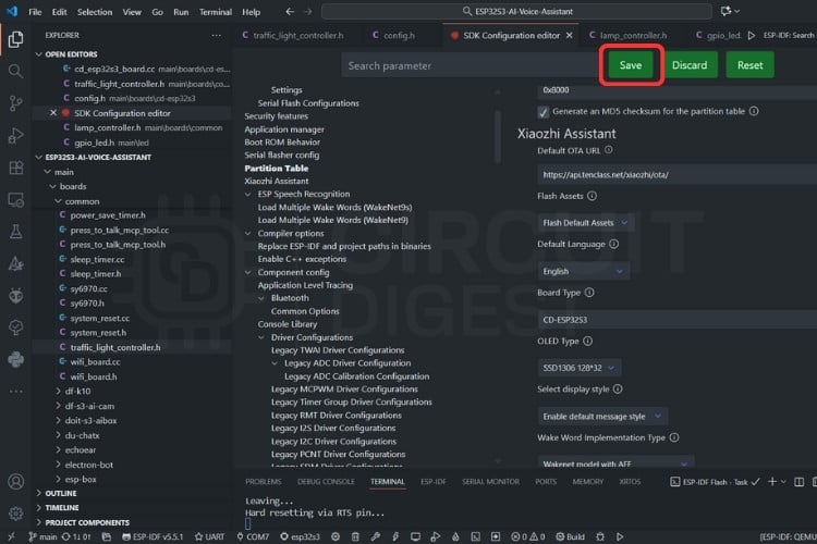 ESP-IDF settings page with the Save button highlighted.