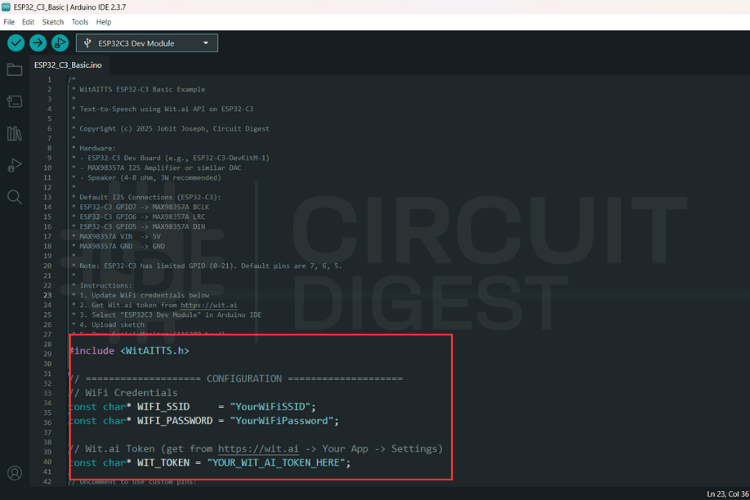 Arduino IDE screenshot showing where to enter Wi-Fi SSID, password, and Wit.ai Bearer token for the ESP32-C3 text to speech online sketch