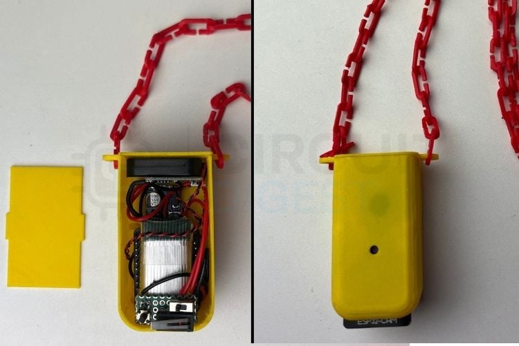 Fully assembled ESP32 CAM blind assistance pendant with 3D-printed enclosure and chain
