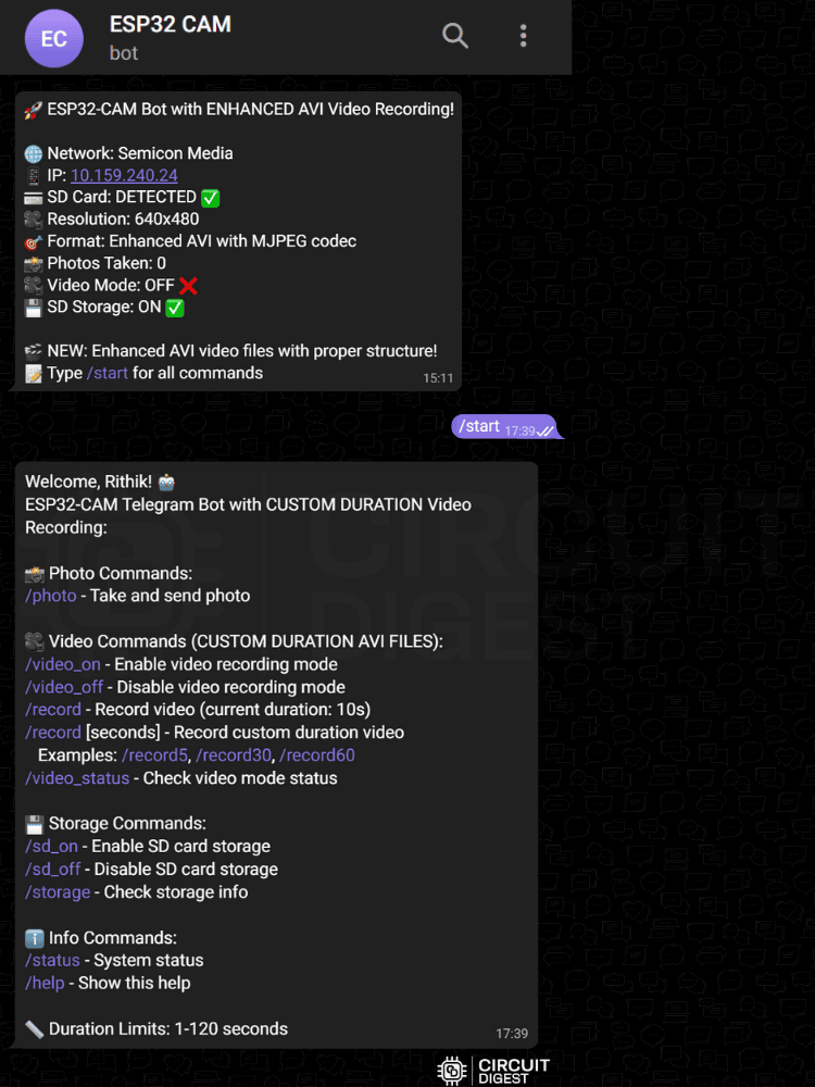 ESP32 CAM Telegram bot welcome message displaying available commands for photo and video capture