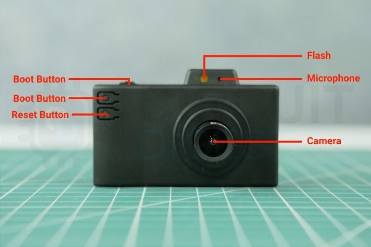 Front view showing the camera, Boot/Reset controls, fill light and digital microphone.