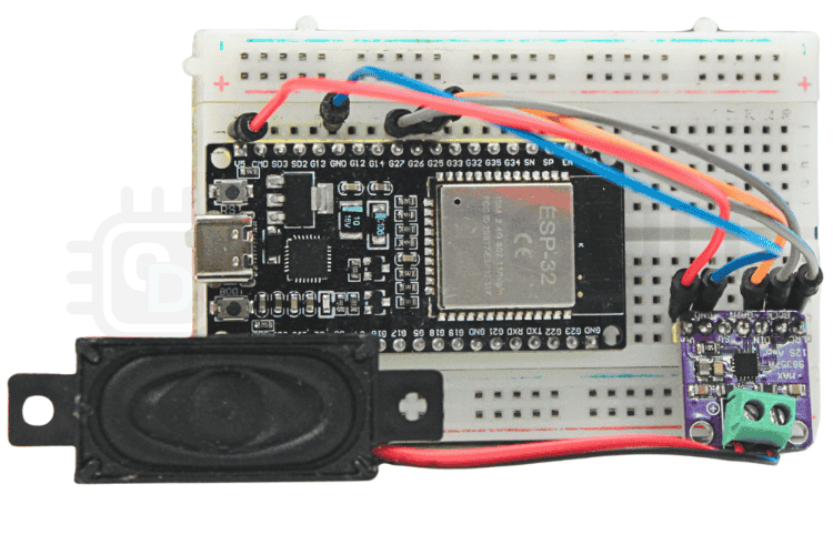 Breadboard assembly showing physical connections between ESP32 microcontroller and MAX98357A amplifier module