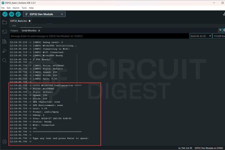 Log of WitAITTS library saying that the connection to the internet is done