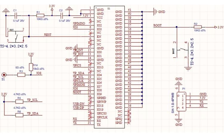 ESP32-2424S012C schematic showing ESP32-C3 GPIO connections to boot button, reset, UART JST, and I2C pull-ups