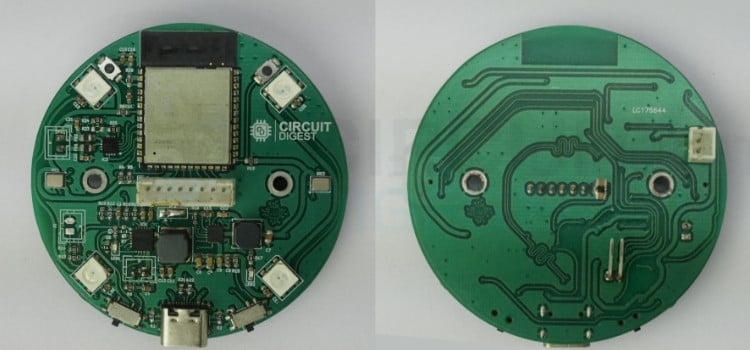 Assembled ESP32-S3 AI voice assistant PCB front and back view showing soldered components