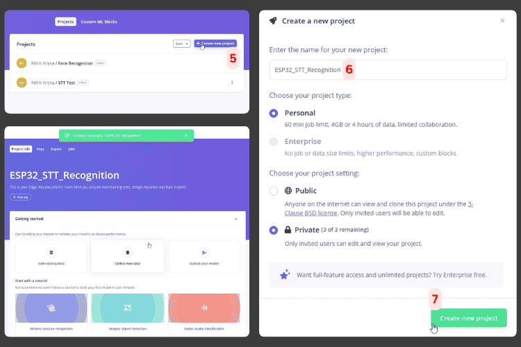 Creating new Edge Impulse project for ESP32 voice assistant with project naming interface
