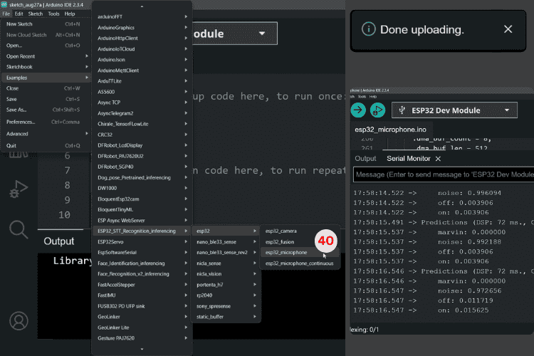 Arduino IDE showing ESP32 speech recognition example code for testing voice recognition module