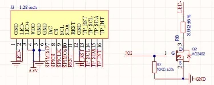 ESP32-2424S012C 16-pin FPC connector pinout diagram showing GND, LED backlight, VDD, SPI display pins, and I2C touch pins