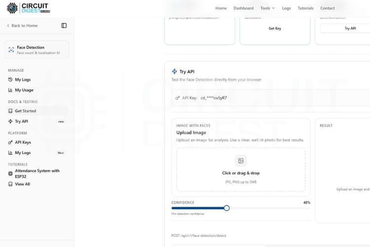 CircuitDigest Cloud Face Detection Try API section showing confidence slider, image upload field, and JSON result output