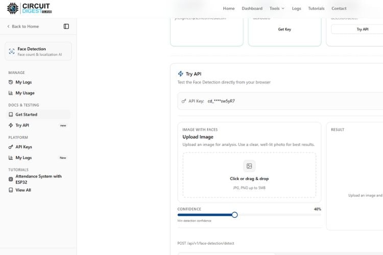 CircuitDigest Cloud Try API interface for ESP32-CAM face detection testing with sample image upload