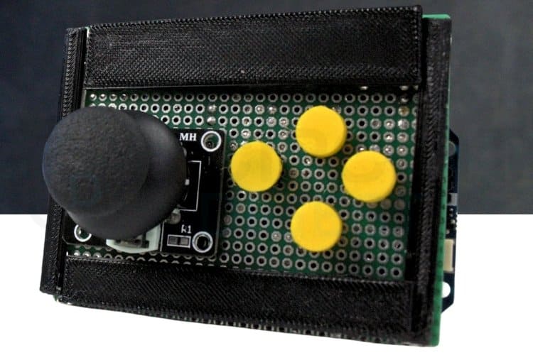 Complete Arduino game controller setup showing full system assembly with labeled components and connections