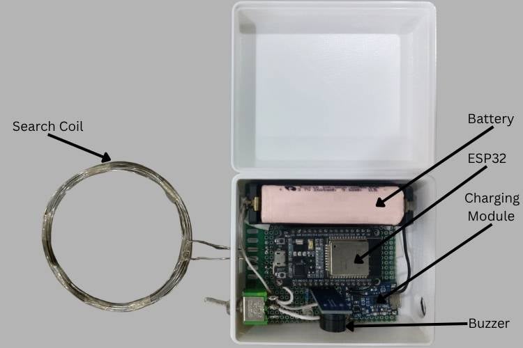 Fully assembled DIY ESP32 metal detector inside its 3D-printed enclosure