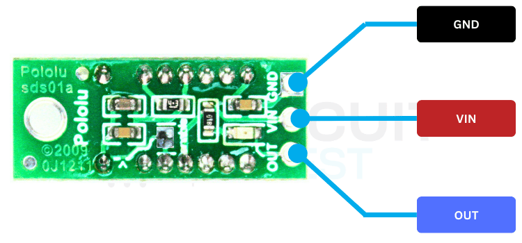 GP2Y0D80Z0F distance sensor module pinout diagram showing GND, VIN, and OUT connections
