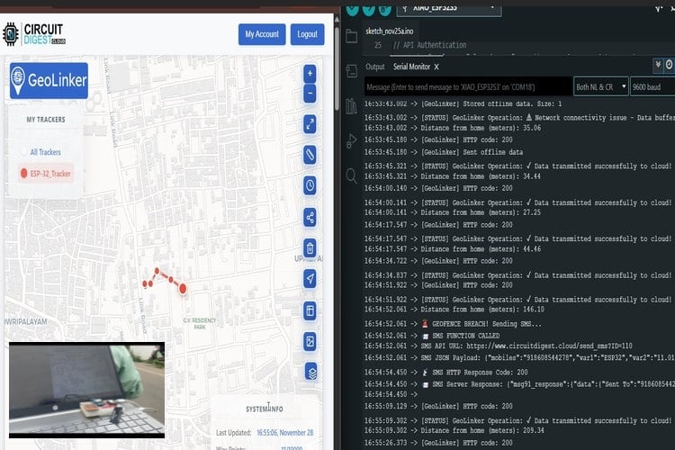 GeoLinker map interface showing real-time GPS tracking data with route history