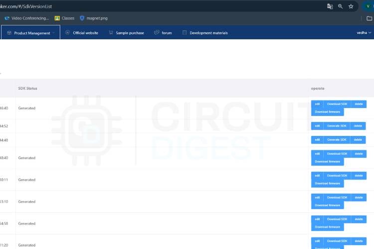 Ai-Thinker SDK firmware generation section showing the Generate New Version button and the firmware download list Firmware generation section in the Ai-Thinker SDK – allow 30–35 minutes for compilation before downloading the offline voice firmware