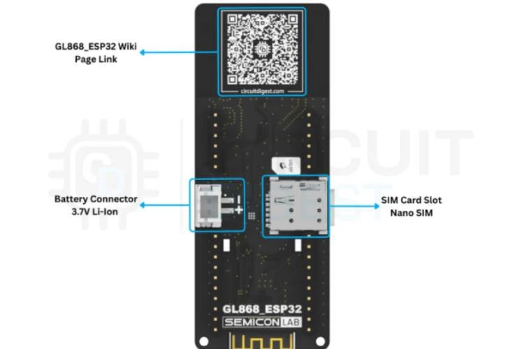 GeoLinker GL868 ESP32-S3 SIM868 board — back view showing SIM slot and PCB layout