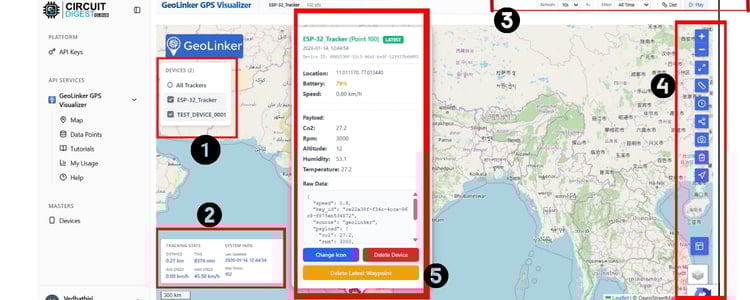 GeoLinker GPS tracking dashboard showing a detailed live map with multiple trackers