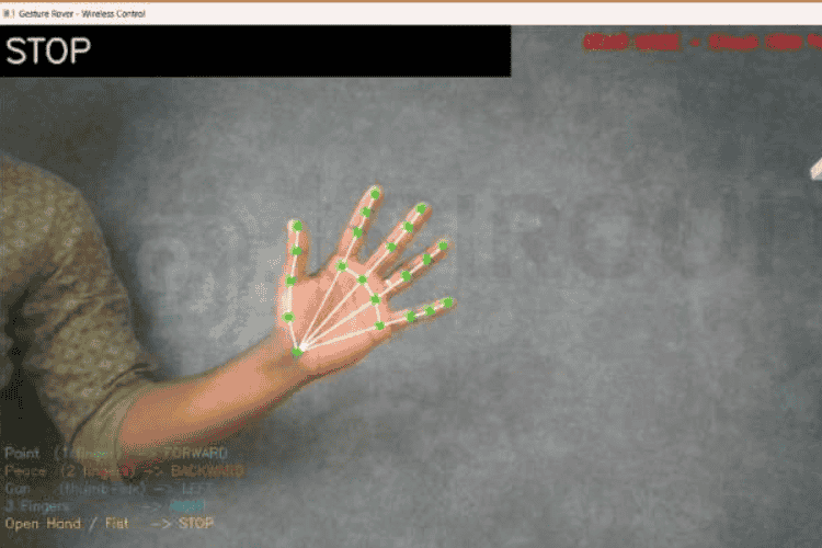 MediaPipe hand landmark map showing all 21 key points indexed 0–20, used by the OpenCV gesture control robot to detect finger positions — wrist at index 0, fingertips at 4, 8, 12, 16, 20