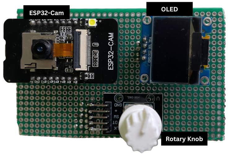 Assembled hardware for the ESP32-CAM based attendance system — ESP32-CAM, SSD1306 OLED, and KY-040 rotary encoder mounted in an enclosure