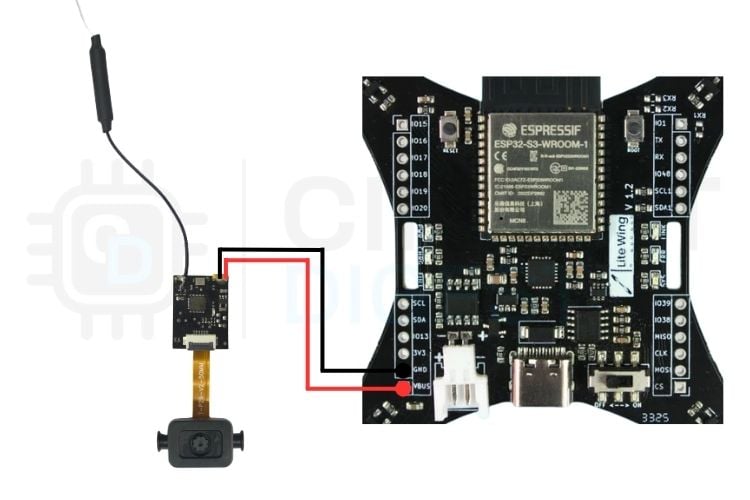 Hardware connection diagram for LiteWing ESP32 drone camera module — VCC to VBUS and GND to common ground