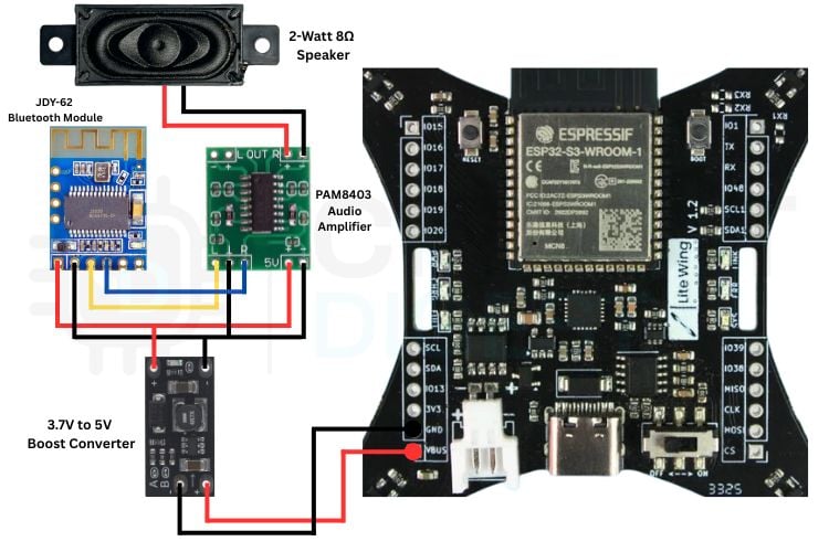 LiteWing ESP32 drone with loudspeaker hardware wiring diagram — JDY-62 Bluetooth module connected to PAM8403 amplifier, 2W 8-ohm speaker, boost converter, and drone VBUS and GND pins