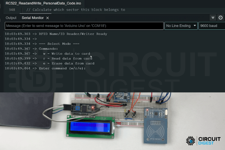 RFID attendance system hardware setup with Arduino Serial Monitor interface