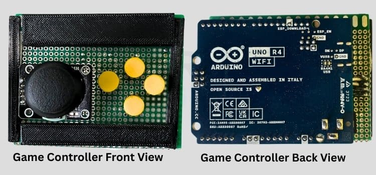 Hardware setup of DIY Arduino game controller showing assembled components on veroboard with Arduino Uno R4, joystick module, and push buttons