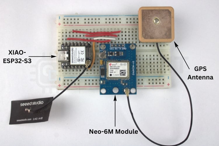 Real-time hardware setup showing XIAO ESP32-S3 connected to Neo-6M GPS module with external antenna on breadboard