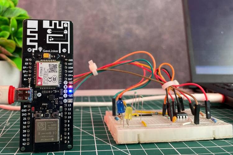 Complete hardware setup of the Interactive Voice Response System using ESP32-S3 GeoLinker board, SIM868 GSM module, audio filter circuit, and relay outputs