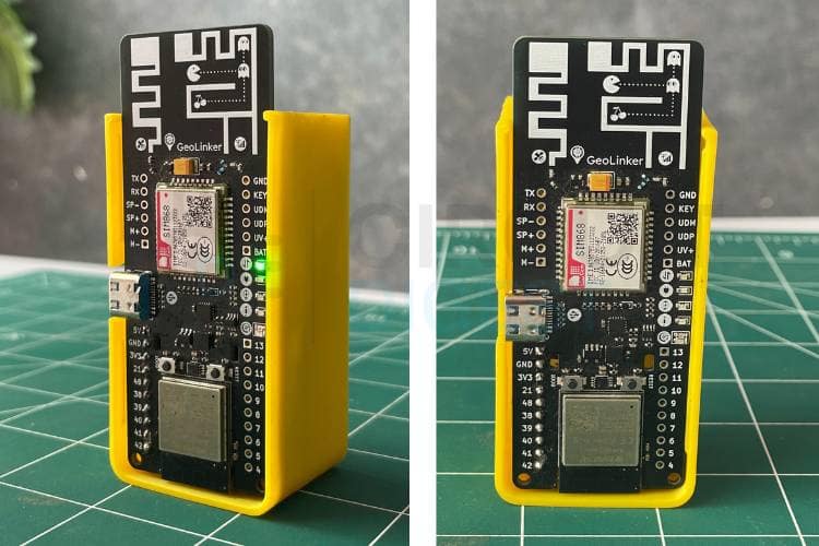 Hardware setup of GeoLinker board connected to battery for parcel tracking system using GPS and IoT