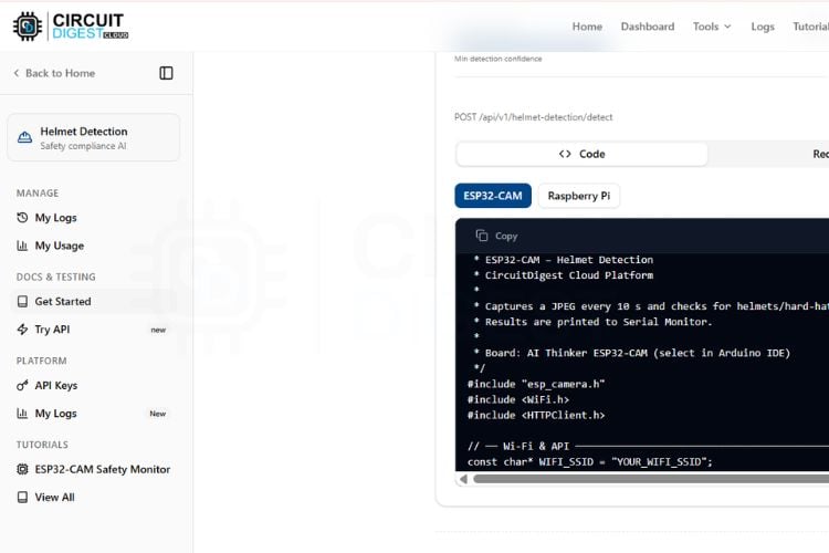 Arduino IDE showing the ESP32-CAM helmet detection sketch with API key and Wi-Fi configuration constants highlighted